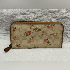 Coach Floral Signature Zip Wallet - Beige with Pink & Yellow Flowers